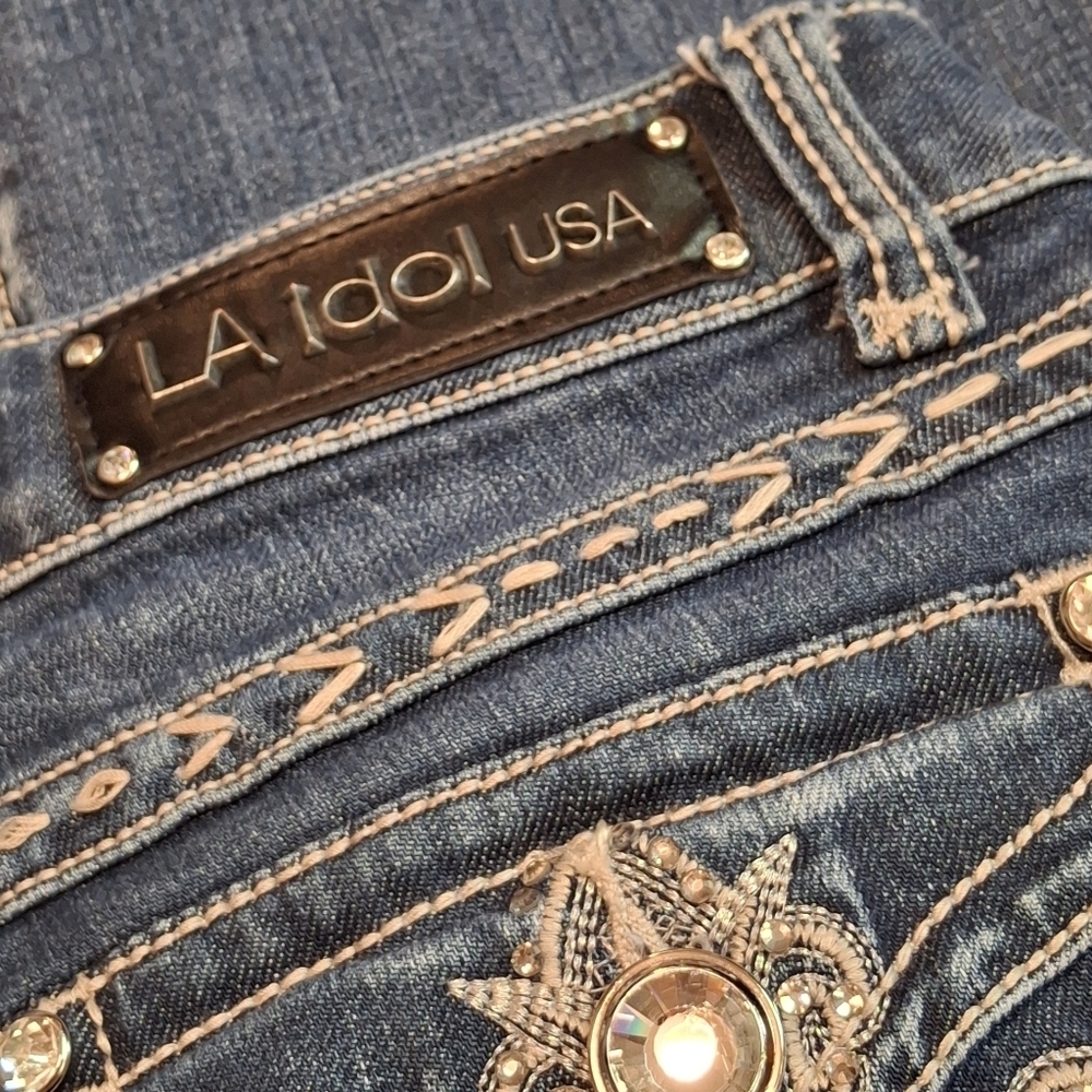 LA Idol USA Embellished Denim Stretch Blue Bootleg Jeans    Size 11 (W33 L34) - Picture 2 of 16